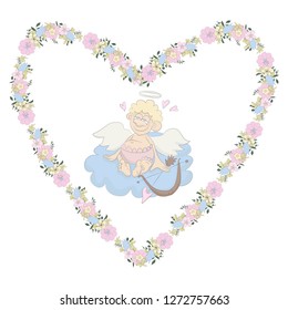 love heart frame with cupid vector isolated