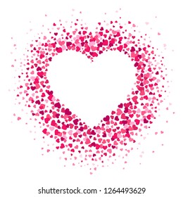 Love heart frame. Scattered hearts confetti in heart shape, valentines card and romance shapes scatter. Decorative hearted shaped invitation or greeting vector illustration background