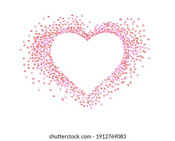 Love heart frame. Scattered hearts confetti in heart shape, valentines card and romance shapes scatter. Decorative hearted shaped invitation or greeting illustration background