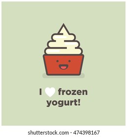 I Love Heart Frozen Yogurt! (Frozen Yogurt With Smiley Face Line Art in Flat Style Vector Illustration Icon and Quote Poster Design)
