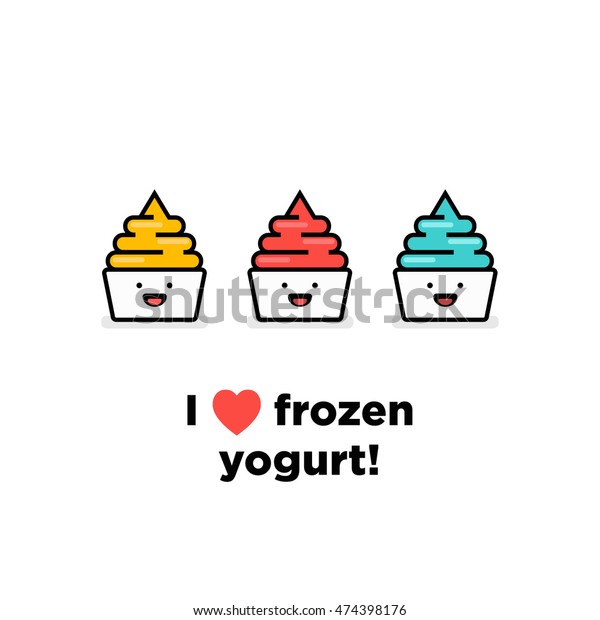 I Love Heart Frozen Yogurt! (Frozen Yogurt With\
Smiley Face Line Art in Flat Style Vector Illustration Icon and\
Quote Poster Design)