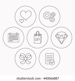 Love heart, gift bag and brilliant icons. Bow-knot linear sign. Check file, calendar and cogwheel icons. Vector
