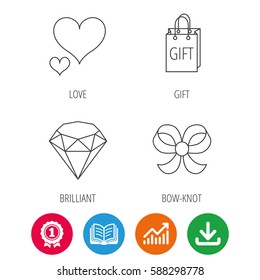 Love heart, gift bag and brilliant icons. Bow-knot linear sign. Award medal, growth chart and opened book web icons. Download arrow. Vector