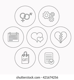 Love heart, gift bag and male with female icons. Broken heart or divorce linear signs. Check file, calendar and cogwheel icons. Vector