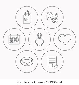 Love heart, gift bag and wedding ring icons. Engagement ring linear sign. Check file, calendar and cogwheel icons. Vector