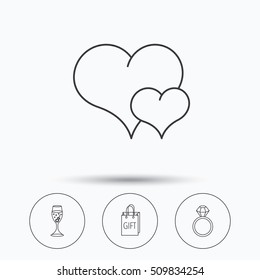 Love heart, gift bag and wedding ring icons. Engagement linear sign. Linear icons in circle buttons. Flat web symbols. Vector