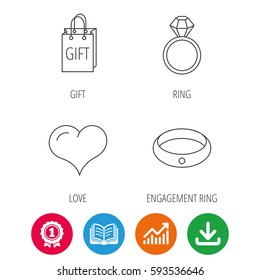 Love heart, gift bag and wedding ring icons. Engagement ring linear sign. Award medal, growth chart and opened book web icons. Download arrow. Vector