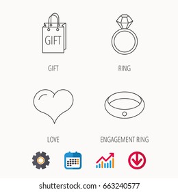 Love heart, gift bag and wedding ring icons. Engagement ring linear sign. Calendar, Graph chart and Cogwheel signs. Download colored web icon. Vector