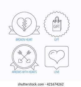 Love heart, gift box and arrows icons. Broken heart or divorce linear signs. Award medal, star label and speech bubble designs. Vector