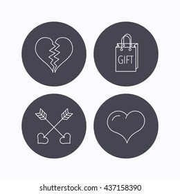 Love heart, gift box and arrows icons. Broken heart or divorce linear signs. Flat icons in circle buttons on white background. Vector