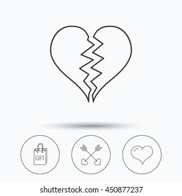 Love heart, gift box and arrows icons. Broken heart or divorce linear signs. Linear icons in circle buttons. Flat web symbols. Vector