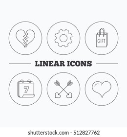 Love heart, gift box and arrows icons. Broken heart or divorce linear signs. Flat cogwheel and calendar symbols. Linear icons in circle buttons. Vector