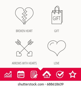 Love heart, gift box and arrows icons. Broken heart or divorce linear signs. Edit document, Calendar and Graph chart signs. Star, Check and House web icons. Vector