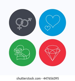 Love heart, gift box and brilliant icons. Male and female linear signs. Linear icons on colored buttons. Flat web symbols. Vector