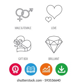 Love heart, gift box and brilliant icons. Male and female linear signs. Award medal, growth chart and opened book web icons. Download arrow. Vector