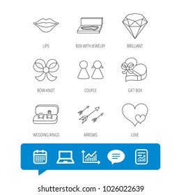 Love heart, gift box and wedding rings icons. Kiss lips and couple linear signs. Valentine amour arrows, brilliant flat line icons. Report file, Graph chart and Chat speech bubble signs. Vector
