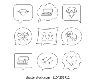 Love heart, gift box and wedding rings icons. Kiss lips and couple linear signs. Valentine amour arrows, brilliant flat line icons. Linear Speech bubbles with icons set. Comic chat balloon. Vector