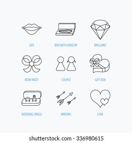 Love heart, gift box and wedding rings icons. Kiss lips and couple linear signs. Valentine amour arrows, brilliant flat line icons. Linear set icons on white background.
