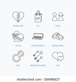 Love heart, gift box and wedding rings icons. Broken heart and couple linear signs. Valentine amour arrows flat line icons. Linear set icons on white background.