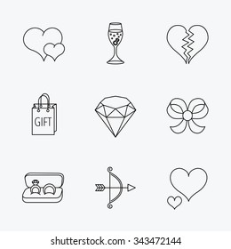 Love heart, gift box and wedding rings icons. Broken heart and engagement linear signs. Valentine amour arrow, brilliant flat line icons. Linear black icons on white background.