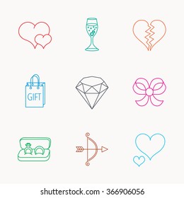 Love heart, gift box and wedding rings icons. Broken heart and engagement linear signs. Valentine amour arrow, brilliant flat line icons. Linear colored icons.