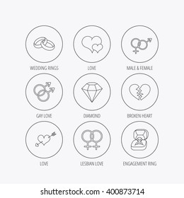 Love heart, gift box and wedding ring icons. Broken heart and engagement brilliant linear signs. Valentine amour arrow, gay and lesbian flat line icons. Linear colored in circle edge icons.