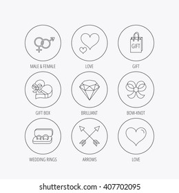 Love heart, gift box and wedding rings icons. Bow and engagement linear signs. Valentine amour arrows, brilliant flat line icons. Linear colored in circle edge icons.