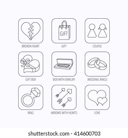 Love heart, gift box and wedding rings icons. Broken heart and couple linear signs. Valentine amour arrows flat line icons. Flat linear icons in squares on white background. Vector