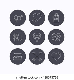 Love heart, gift box and wedding rings icons. Bow and engagement linear signs. Valentine amour arrows, brilliant flat line icons. Flat icons in circle buttons on white background. Vector