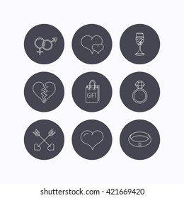 Love heart, gift box and wedding ring icons. Broken heart and engagement linear signs. Valentine amour arrows, brilliant flat line icons. Flat icons in circle buttons on white background. Vector