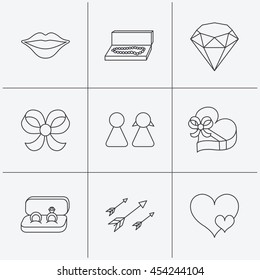 Love heart, gift box and wedding rings icons. Kiss lips and couple linear signs. Valentine amour arrows, brilliant flat line icons. Linear icons on white background. Vector