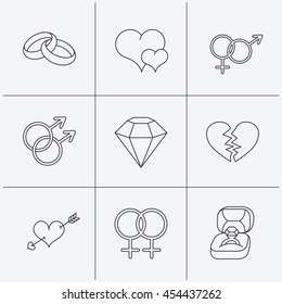 Love heart, gift box and wedding ring icons. Broken heart and engagement brilliant linear signs. Valentine amour arrow, gay and lesbian flat line icons. Linear icons on white background. Vector