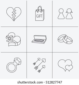 Love heart, gift box and wedding rings icons. Broken heart and couple linear signs. Valentine amour arrows flat line icons. Linear icons on white background. Vector