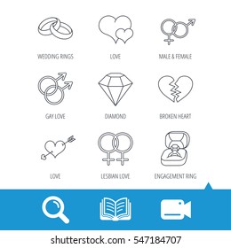 Love heart, gift box and wedding ring icons. Broken heart and engagement brilliant linear signs. Valentine amour arrow, gay and lesbian flat line icons. Video cam, book and magnifier search icons