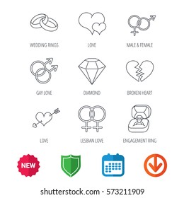 Love heart, gift box and wedding ring icons. Broken heart and engagement brilliant linear signs. Valentine amour arrow, gay and lesbian flat line icons. New tag, shield and calendar web icons. Vector