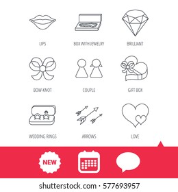 Love heart, gift box and wedding rings icons. Kiss lips and couple linear signs. Valentine amour arrows, brilliant flat line icons. New tag, speech bubble and calendar web icons. Vector