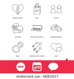 Love heart, gift box and wedding rings icons. Broken heart and couple linear signs. Valentine amour arrows flat line icons. New tag, speech bubble and calendar web icons. Vector