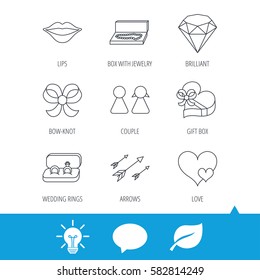 Love heart, gift box and wedding rings icons. Kiss lips and couple linear signs. Valentine amour arrows, brilliant flat line icons. Light bulb, speech bubble and leaf web icons. Vector