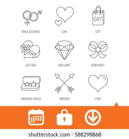 Love heart, gift box and wedding rings icons. Bow and engagement linear signs. Valentine amour arrows, brilliant flat line icons. Download arrow, locker and calendar web icons. Vector