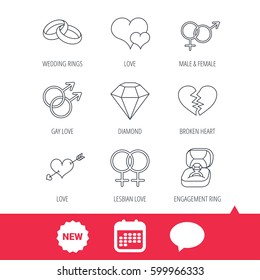 Love heart, gift box and wedding ring icons. Broken heart and engagement brilliant linear signs. Valentine amour arrow, gay and lesbian flat line icons. New tag, speech bubble and calendar web icons