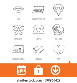 Love heart, gift box and wedding rings icons. Kiss lips and couple linear signs. Valentine amour arrows, brilliant flat line icons. Download arrow, locker and calendar web icons. Vector