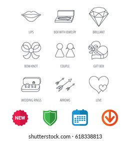 Love heart, gift box and wedding rings icons. Kiss lips and couple linear signs. Valentine amour arrows, brilliant flat line icons. New tag, shield and calendar web icons. Download arrow. Vector