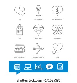 Love heart, gift box and wedding rings icons. Broken heart and engagement linear signs. Valentine amour arrow, brilliant flat line icons. Report file, Graph chart and Chat speech bubble signs. Vector