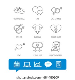 Love heart, gift box and wedding ring icons. Broken heart and engagement brilliant linear signs. Valentine amour arrow, gay and lesbian flat line icons. Vector