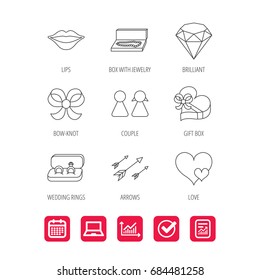 Love heart, gift box and wedding rings icons. Kiss lips and couple linear signs. Valentine amour arrows, brilliant flat line icons. Report document, Graph chart and Calendar signs. Vector