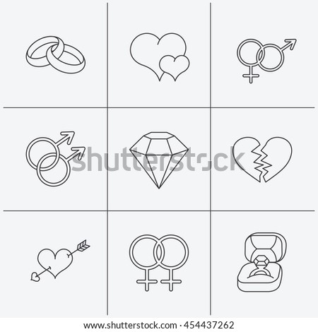 Love heart, gift box and wedding ring icons. Broken heart and engagement brilliant linear signs. Valentine amour arrow, gay and lesbian flat line icons. Linear icons on white background. Vector