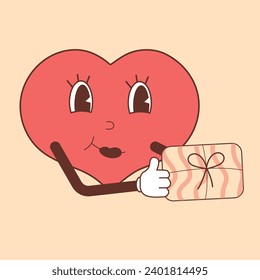 love heart with a gift in groovy style, vintage