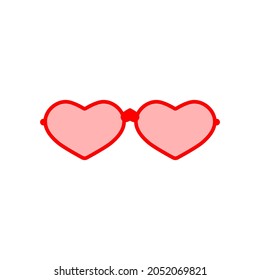 Love heart glasses. Red sunglasses with pink lenses heart shape. Vector clipart on white background. Isolated illustration. 