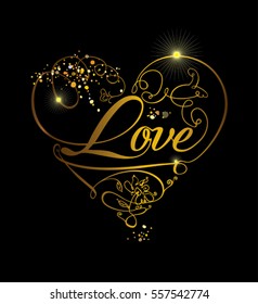 Love Heart. Golden shining heart word is written in curls.