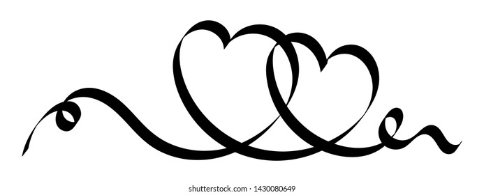 Love Heart Hand Drawn Calligraphy Ribbon on White background lettering, continuous one line drawing curved band with two hearts For Holiday Design element valentine. web, wedding and print - Vector